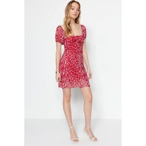 Trendyol Red Printed Square Collar Balloon Sleeves Knitted Mini Dress with Tulle Liner, Fitted obraz