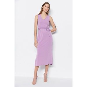 Trendyol Purple Tie Detailed Midi V-Neck Stretchy Knit Dress obraz