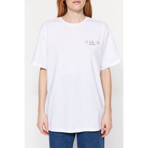 Trendyol White 100% Cotton Front and Back Printed Boyfriend Fit Crew Neck Knitted T-Shirt obraz