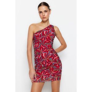 Trendyol Claret Red Floral Asymmetrical Collar Pleated Lined Mini Knitted Tulle Dress obraz