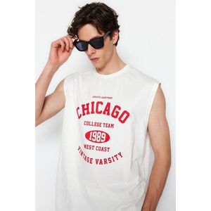 Trendyol Ecru Relaxed/Comfortable Cut City Printed 100% Cotton Sleeveless T-Shirt/Athlete obraz