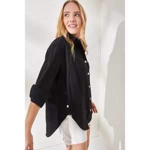 Olalook Women's Black Oversized Woven Shirt with Buttons at the Sides obraz