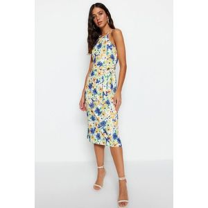 Trendyol Green Floral Print Halter Neck Belted Crepe Midi Knitted Dress obraz