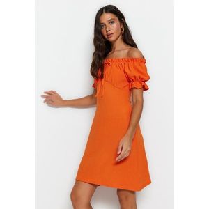 Trendyol Orange Square Neck Sleeves Ruffled Twist A-line Mini Knitted Dress obraz