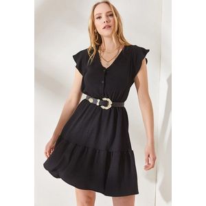 Olalook Women's Black Mini Dress with Frilled Buttons and Elastic Waist obraz