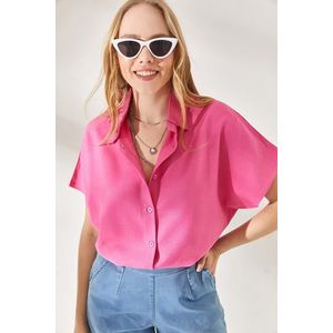 Olalook Women's Pink Bat Oversized Linen Shirt obraz