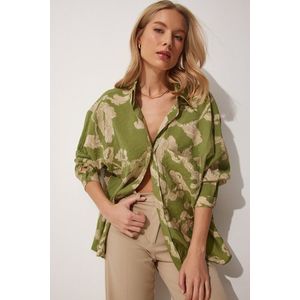 Happiness İstanbul Women's Green Patterned Oversize Cotton Satin Shirt obraz