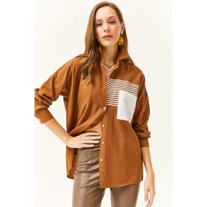 Olalook Women's Brown Pocket Detailed Oversize Woven Shirt obraz