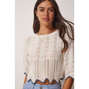 Happiness İstanbul Women's Blue Cream Striped Openwork Knitwear Blouse obraz