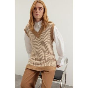 Trendyol Camel Striped V Neck Knitwear Sweater obraz