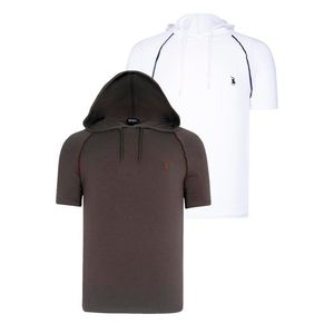 DUAL SET T8570 DEWBERRY HOODED MEN'S T-SHIRT-WHITE-KHAKI obraz