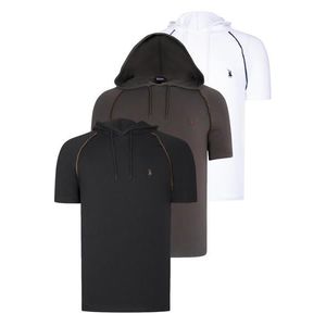 TRIPLE SET T8570 DEWBERRY HOODED MEN'S T-SHIRT-BLACK-WHITE-KHAKI obraz