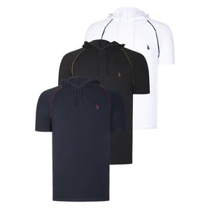 TRIPLE SET T8570 DEWBERRY HOODED MEN'S T-SHIRT-NAVY BLUE-WHITE-BLACK obraz