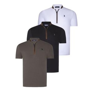 TRIPLE SET T8571 DEWBERRY ZIPPER MEN'S T-SHIRT-BLACK-WHITE-KHAKI obraz