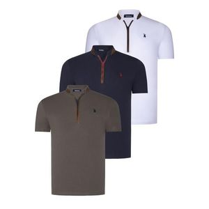 TRIPLE SET T8571 DEWBERRY ZIPPER MENS T-SHIRT-NAVY BLUE-WHITE-KHAKI obraz