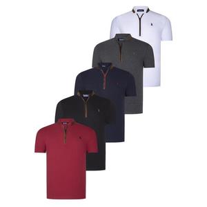 QUINTUPLE SET T8571 DEWBERRY ZIPPER MEN'S T-SHIRT-BLACK-WHITE-NAVY BLUE-ANTHRACITE-BURGUNDY obraz