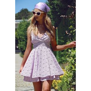 Trend Alaçatı Stili Women's Lilac Double Breasted Collar Skirt with Ruffles, Crisscross Back, Woven Dress obraz