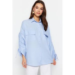 Trendyol Light Blue Woven Cotton Shirt with Adjustable Gathering Detail on Sleeves obraz