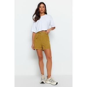 Trendyol Khaki High Waist Denim Shorts With Pocket Detailed Belt obraz