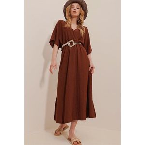 Trend Alaçatı Stili Women's Brown Double Breasted Collar Waist Belted Midi Dress obraz