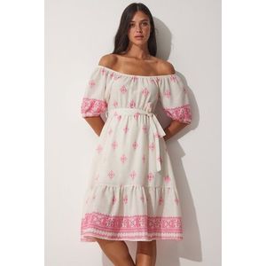 Happiness İstanbul Women's Pink Cream Patterned Carmen Collar Summer Linen Dress obraz