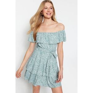 Trendyol Mint Floral Printed Carmen Collar Flounce and Ruffle Detailed Mini Knitted Dress obraz