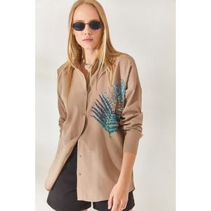 Olalook Mink Palm Sequin Detailed Oversized Woven Poplin Shirt obraz