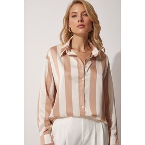 Happiness İstanbul Women's Cream Striped Satin Shirt obraz