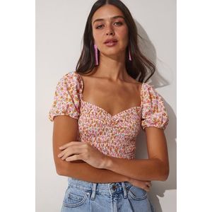 Happiness İstanbul Women's Pink Cream Floral Gathered Carmen Collar Crop Knit obraz