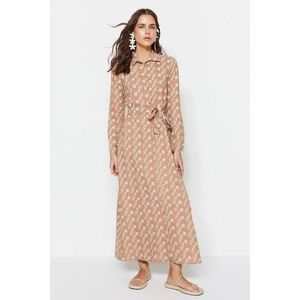 Trendyol Camel Belted Floral Pattern Woven Shirt Dress obraz