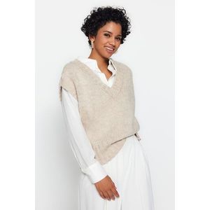 Trendyol Beige Crop Měkký texturovaný pletený svetr s barevným blokem obraz