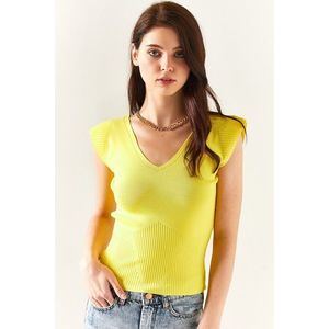 Olalook Women's Yellow Knitwear With Shoulders And Skirt Detailed Front Back V-Shirt obraz