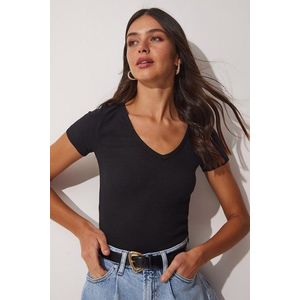 Happiness İstanbul Women's Black V-Neck Knitted T-Shirts obraz