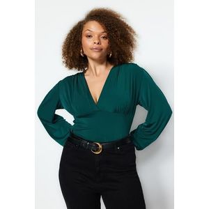 Trendyol Curve Emerald Green V Neck Sandy Knitted Blouse obraz