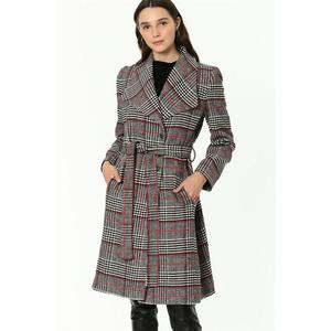 Z6638 DEWBERRY PLAID WOMEN'S COAT-BURGUNDY-BLACK obraz