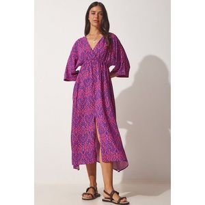 Happiness İstanbul Women's Dark Pink Blue Deep V-Neck Summer Long Viscose Dress obraz