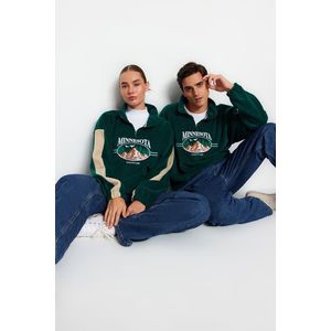 Trendyol Emerald Green Unisex Oversize/Wide Cut Zippered Stand Collar Embroidered Fleece Sweatshirt obraz