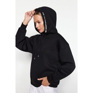 Trendyol Black Hood Slogan Printed Oversize/Wide-Fit Knitted Sweatshirt obraz