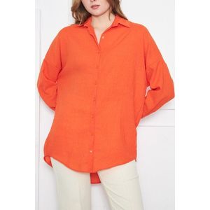 armonika Women's Orange Oversize Textured Linen Look Wide Cuff Shirt obraz