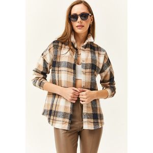 Olalook Women's Beige Navy Blue Plaid Lumberjack Shirt obraz