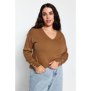 Trendyol Curve Mink V-Neck Button Detailní pletený svetr obraz