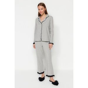 Trendyol Gray Melange 100% Cotton Ruffled Welt Shirt-Pants Knitted Pajamas Set obraz