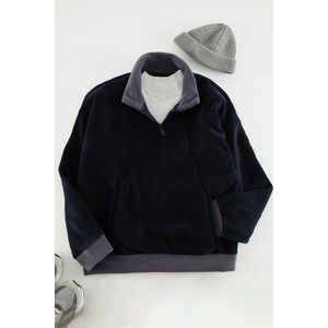 Trendyol Navy Blue Oversize/Wide Cut Zippered Color Blocked Fleece/Plush Sweatshirt obraz