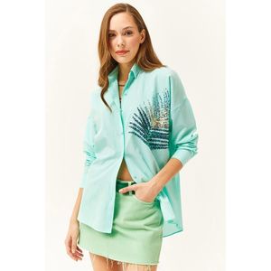 Olalook Women's Aqua Green Palm Sequin Detailed Oversize Woven Poplin Shirt obraz