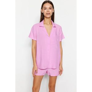 Trendyol Light Pink Viscose Shirt-Shorts Woven Pajama Set obraz