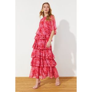 Trendyol Chiffon Woven Evening Dress with Tiered Pink Floral Skirt obraz