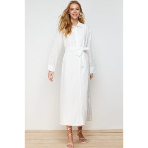 Trendyol White Floral Belted Brode Lined Woven Shirt Dress obraz