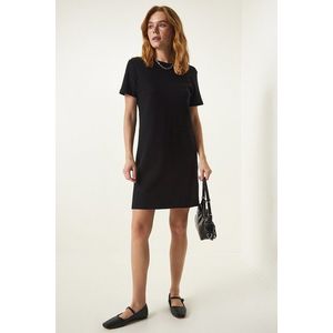 Happiness İstanbul Women's Black Crew Neck Casual Combed Cotton Dress obraz