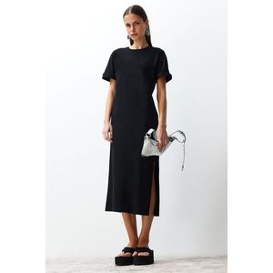 Trendyol Black Plain T-shirt Dress 100% Cotton Slit Detail Shift/Casual Fit Midi obraz