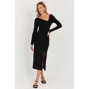 Cool & Sexy Women's Black Asymmetric Collar Slit Midi Dress obraz